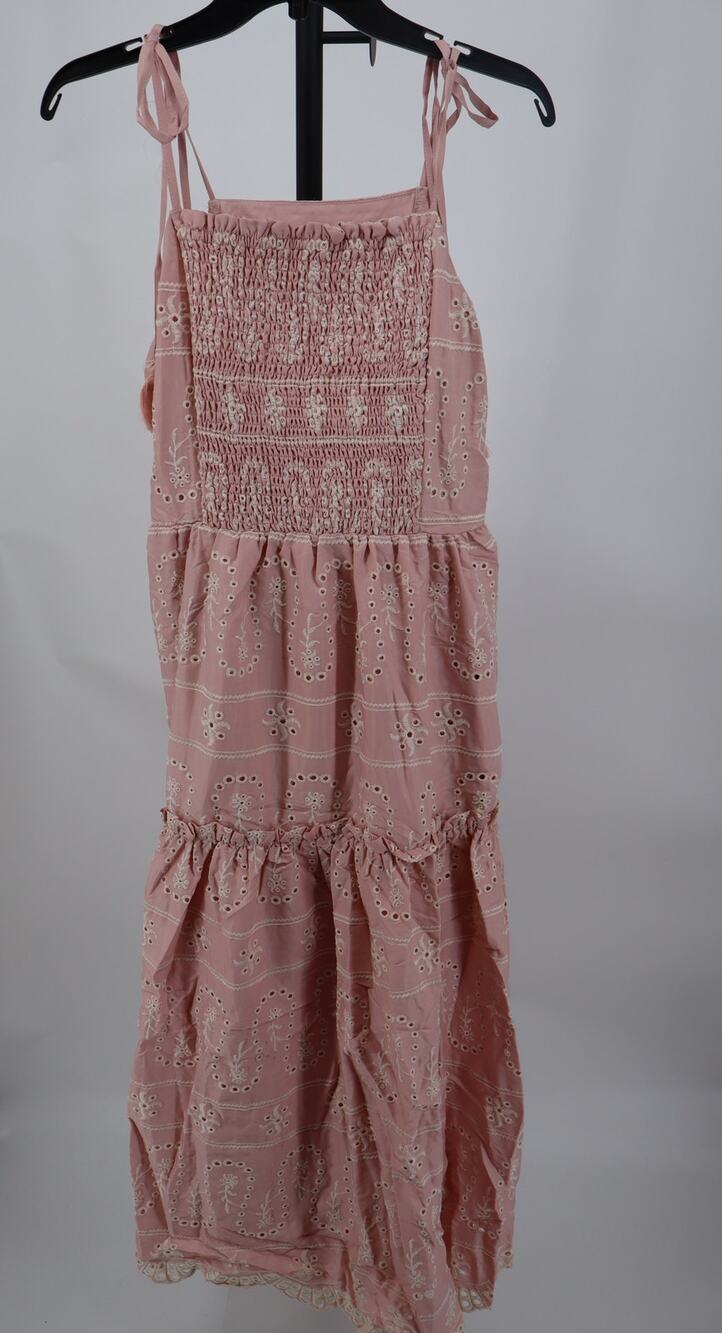 NEW Just Me Midi Dress Pink Embroidered Tassel Tiered Sleeveless A Line Size L